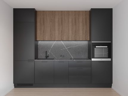 Virtuves komplekts ar melnām, matētām fasādēm.