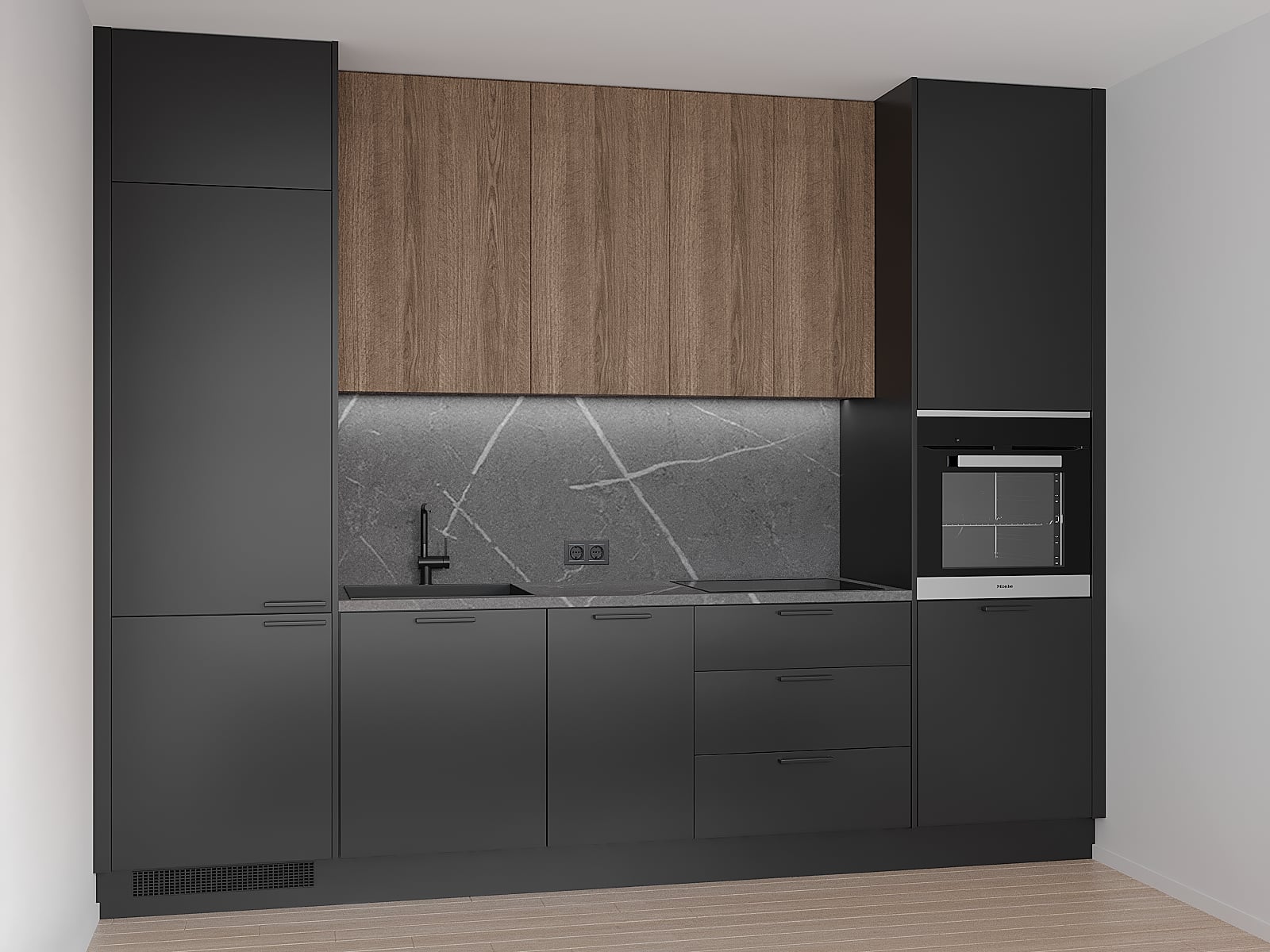 Melna, matēta virtuve ar sienas skapīšiem no koka imitācijas fasādēm.