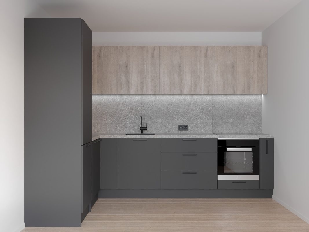 Tumši pelēla stūra virtuves iekārta Laine