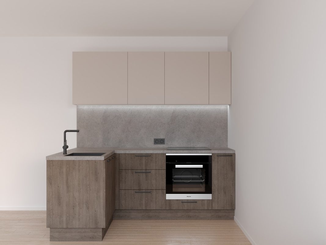 Stūra virtuves iekārta Loft ar integrētu gaismu